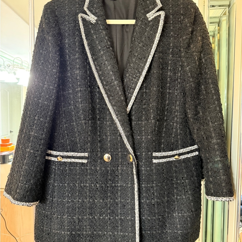 Ann Taylor Black Tweed Blazer with White Trim